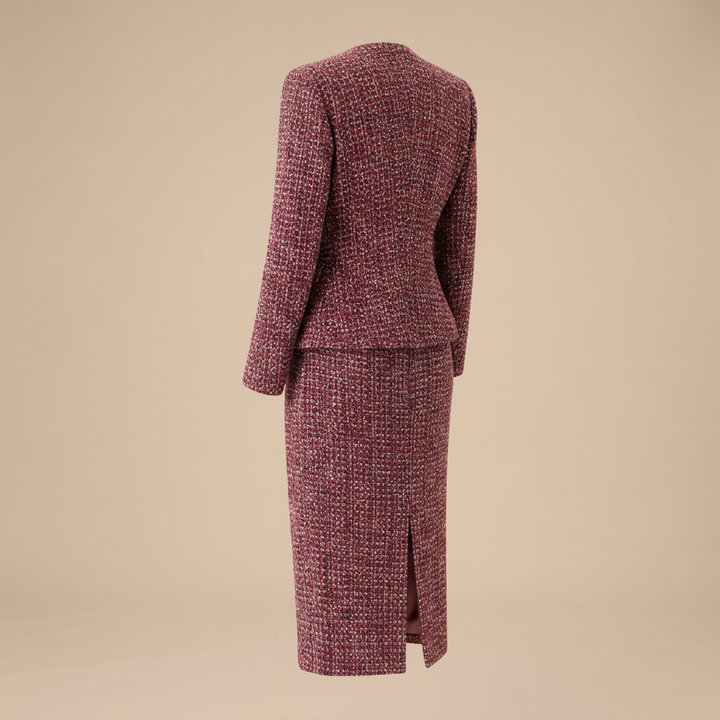 Burgundy Tweed Jacket and Midi Skirt Set-Vyana Collective