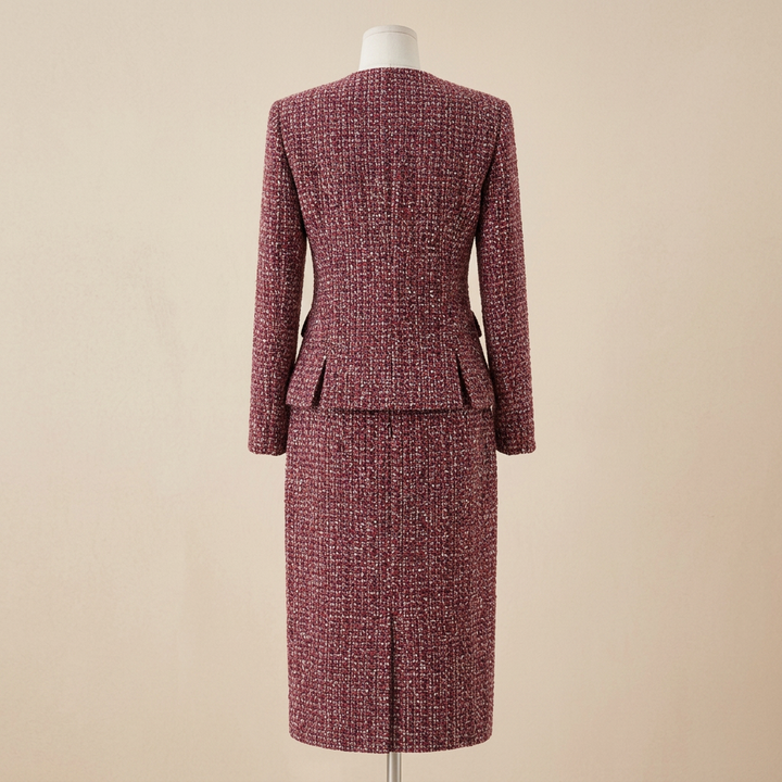 Burgundy Tweed Jacket and Midi Skirt Set-Vyana Collective