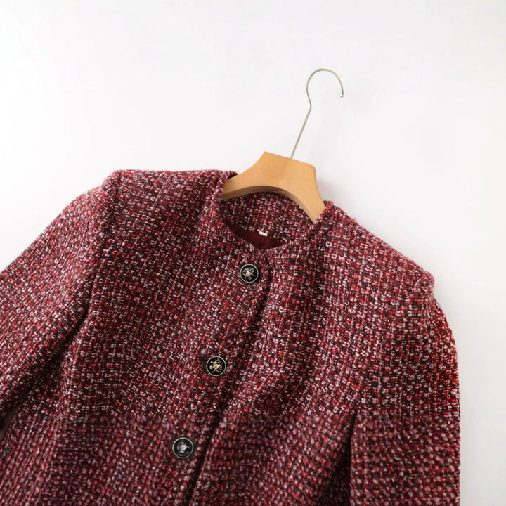 Burgundy Tweed Jacket and Midi Skirt Set-Vyana Collective