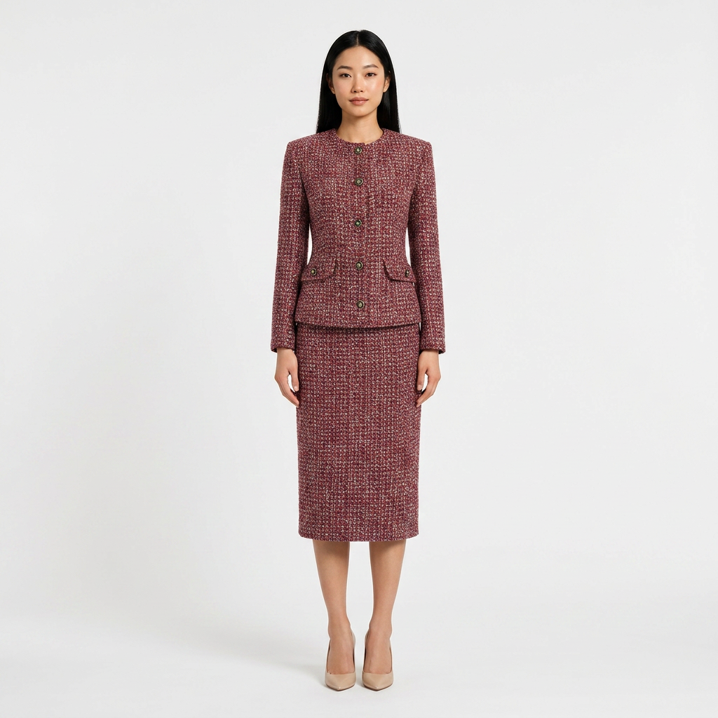 Burgundy Tweed Jacket and Midi Skirt Set-Vyana Collective