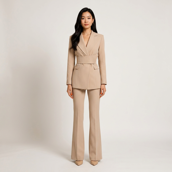 Camel Belted Flare Pantsuit for Power Meetings and Elegant Evenings for Women-Vyana Collective