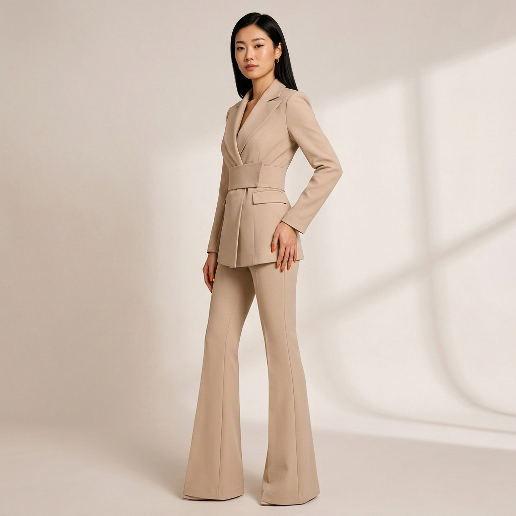 Camel Belted Flare Pantsuit for Power Meetings and Elegant Evenings for Women-Vyana Collective