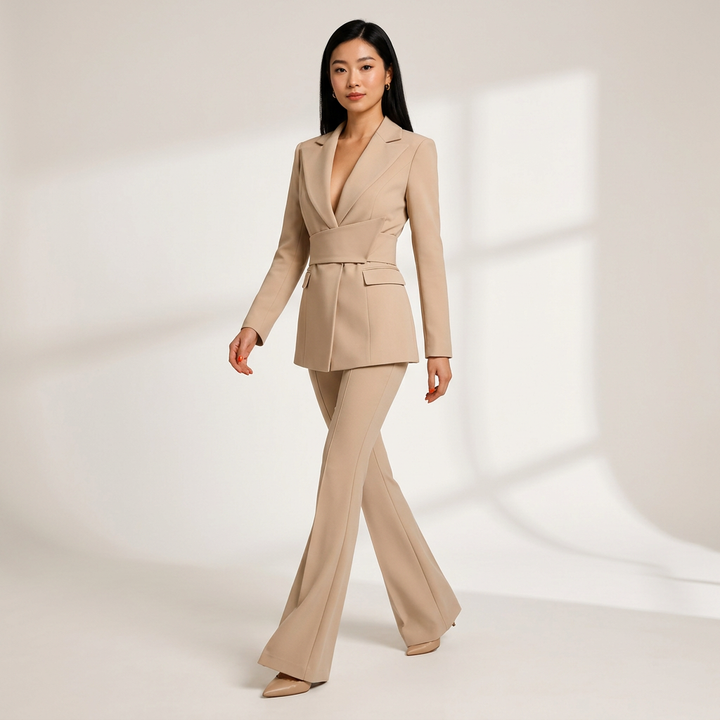 Camel Belted Flare Pantsuit for Power Meetings and Elegant Evenings for Women-Vyana Collective