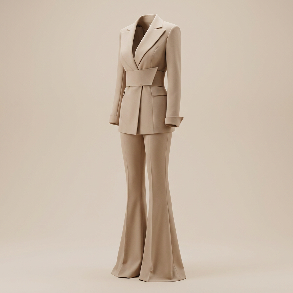 Camel Belted Flare Pantsuit for Power Meetings and Elegant Evenings for Women-Vyana Collective