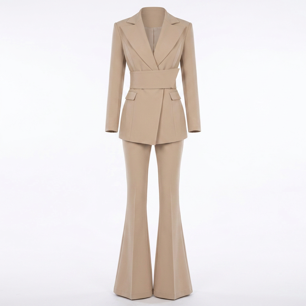Camel Belted Flare Pantsuit for Power Meetings and Elegant Evenings for Women-Vyana Collective