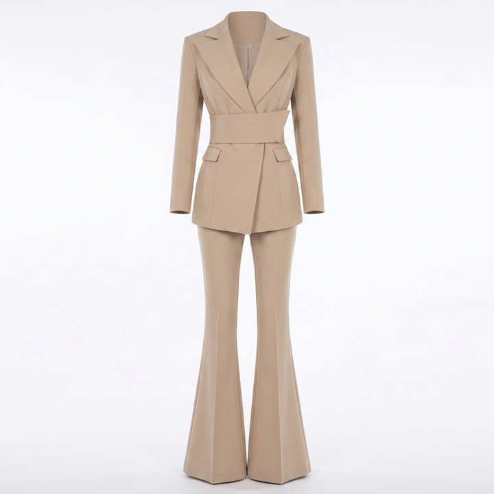 Camel Belted Flare Pantsuit for Power Meetings and Elegant Evenings for Women-Vyana Collective