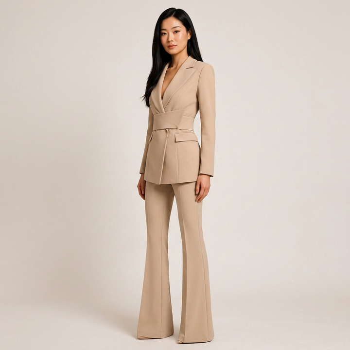 Camel Belted Flare Pantsuit for Power Meetings and Elegant Evenings for Women-Vyana Collective