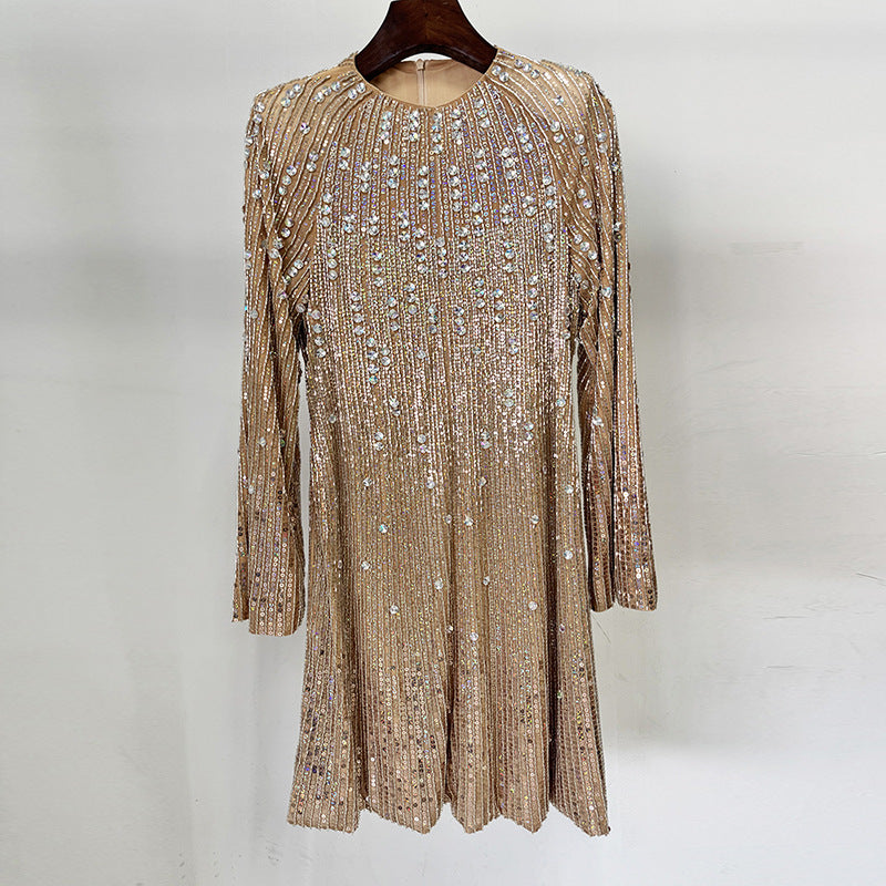 Champagne Rhinestone Embellished Long Sleeve Mini Dress for Friday Night Vibes Women-Vyana Collective