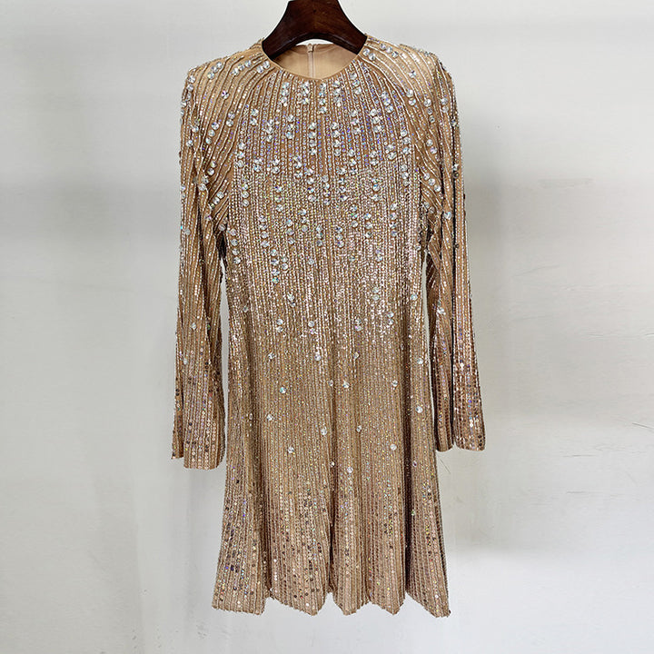 Champagne Rhinestone Embellished Long Sleeve Mini Dress for Friday Night Vibes Women-Vyana Collective