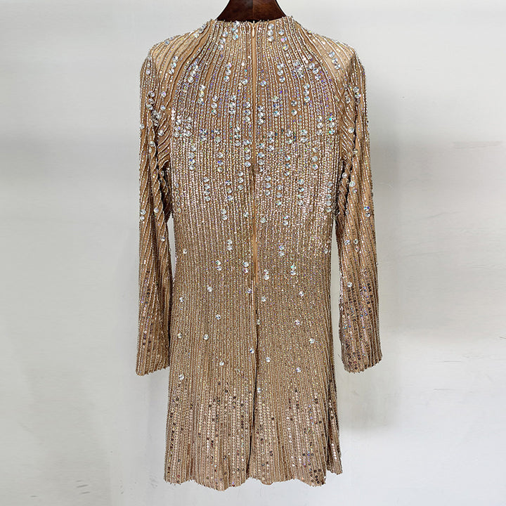Champagne Rhinestone Embellished Long Sleeve Mini Dress for Friday Night Vibes Women-Vyana Collective