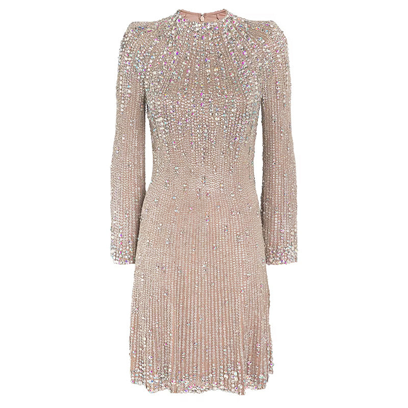 Champagne Rhinestone Embellished Long Sleeve Mini Dress for Friday Night Vibes Women-Vyana Collective