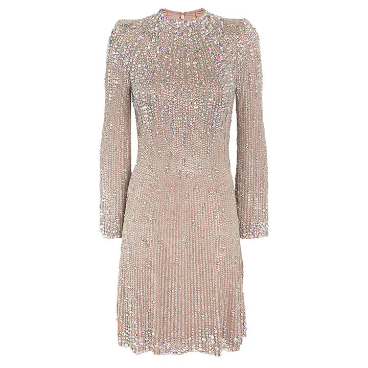 Champagne Rhinestone Embellished Long Sleeve Mini Dress for Friday Night Vibes Women-Vyana Collective