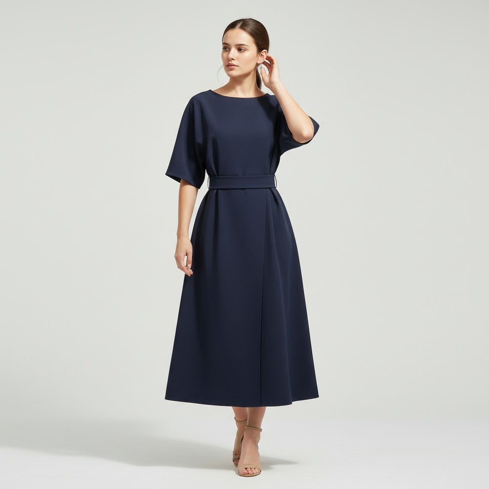 Chic Midi Dress with Belt-Vyana Collective
