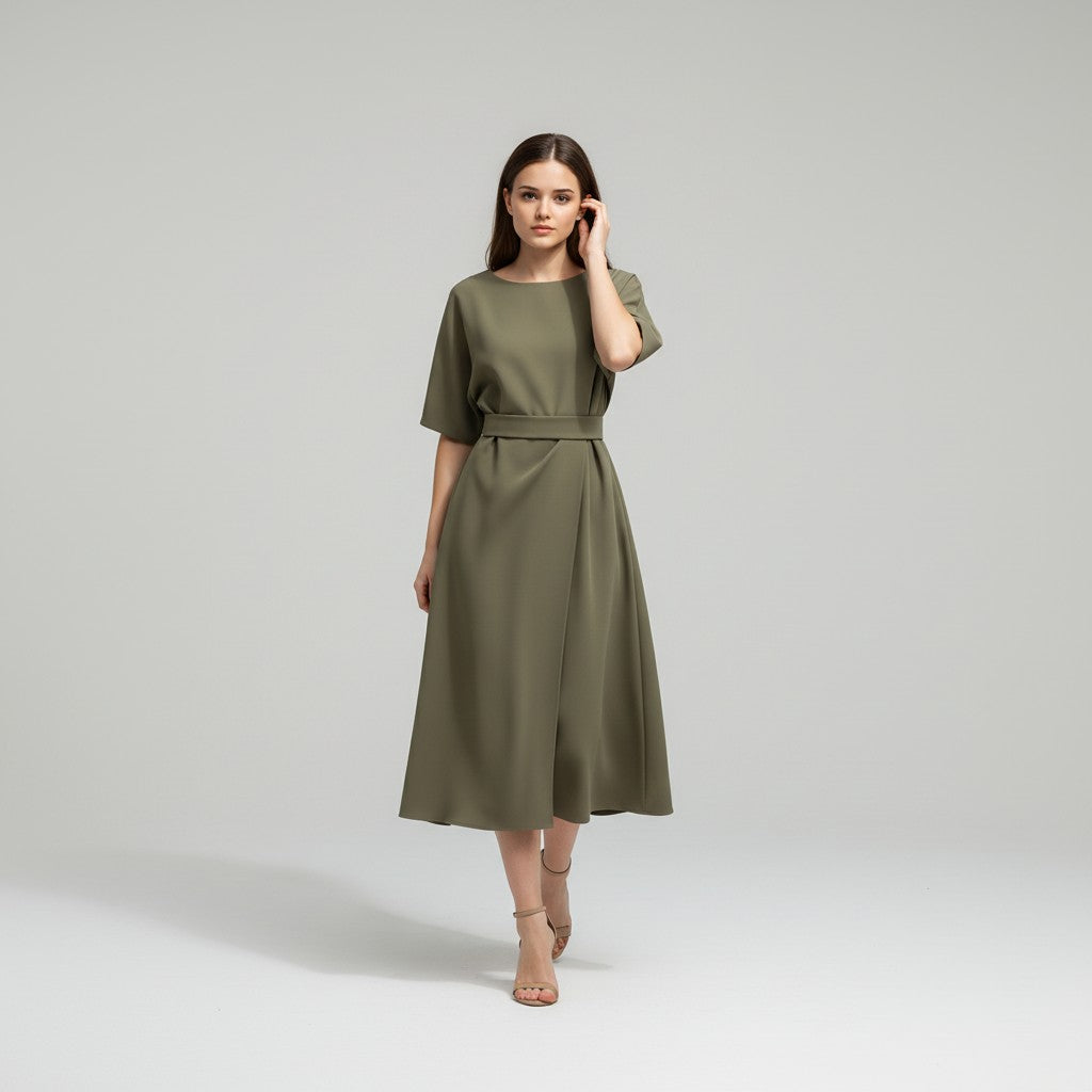 Chic Midi Dress with Belt-Vyana Collective