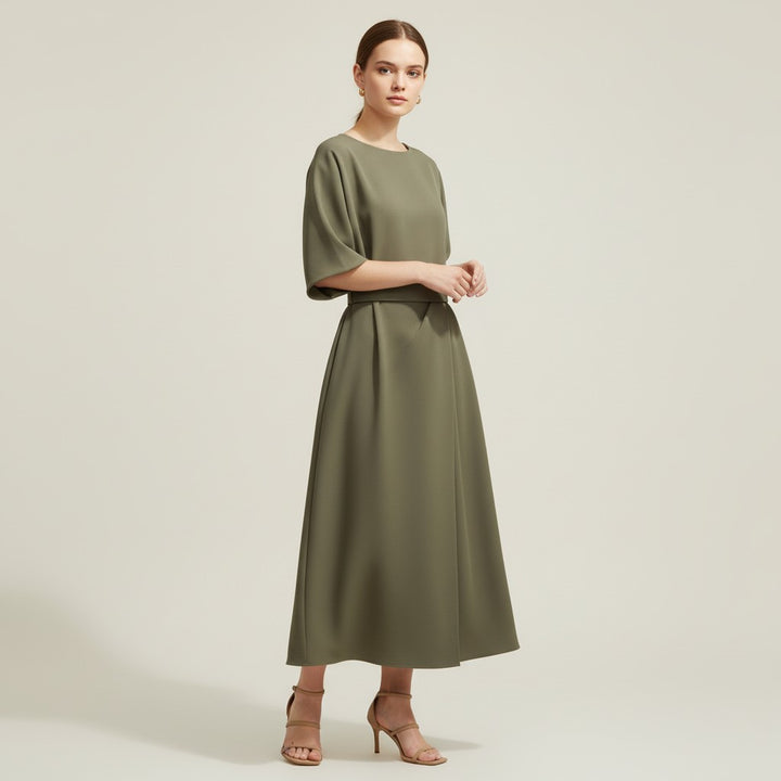Chic Midi Dress with Belt-Vyana Collective