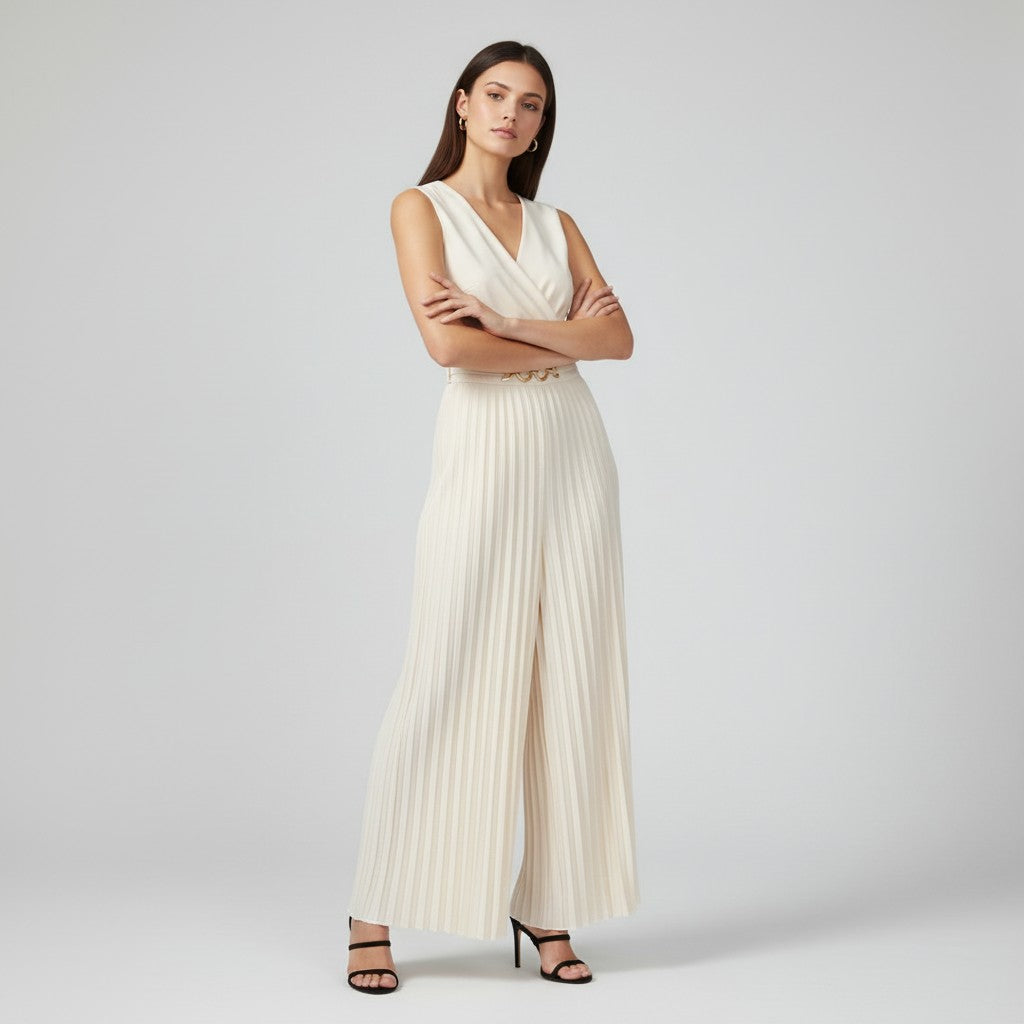 Chic V-Neck Pleated Waist-Cinching Slim Fit Jumpsuit-Vyana Collective