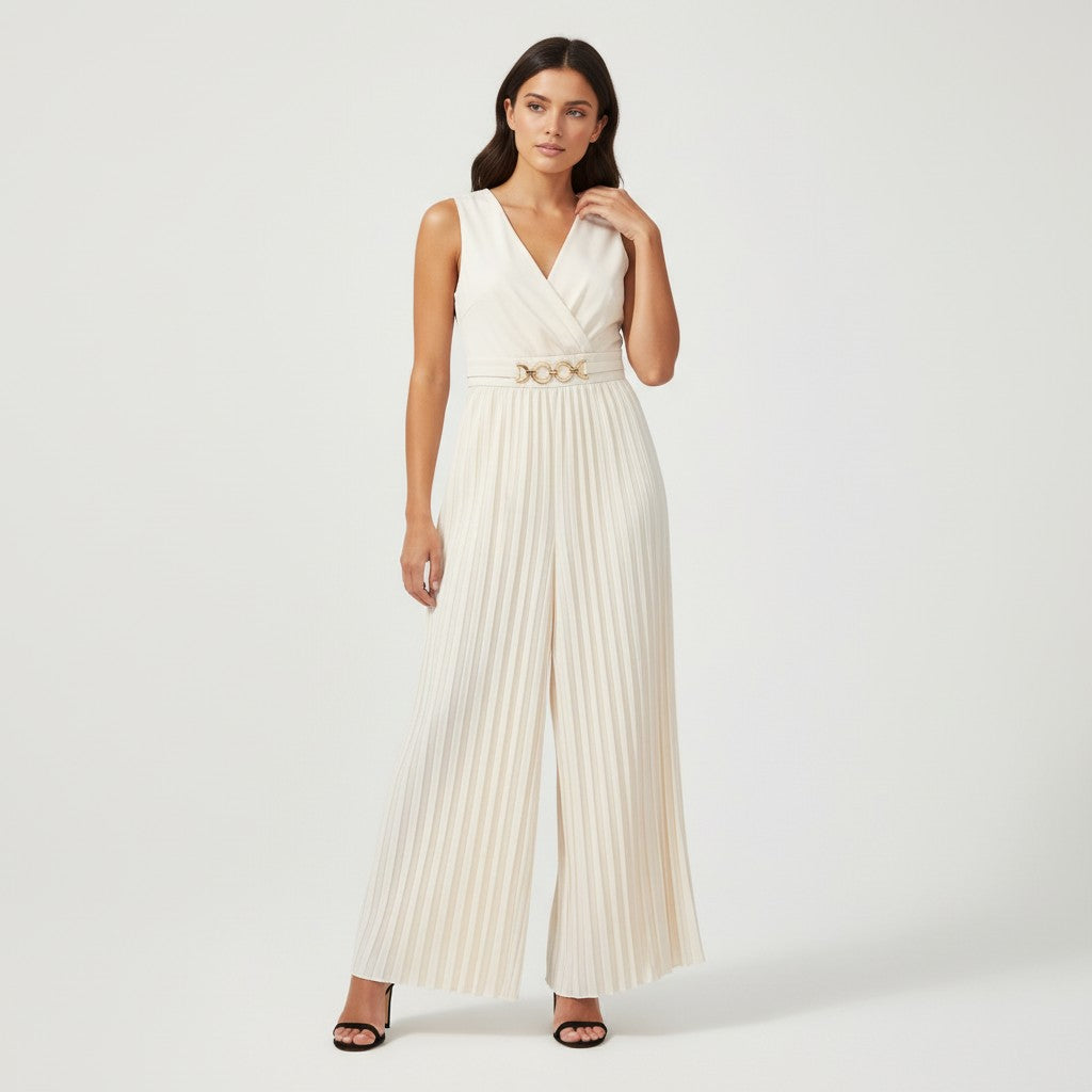 Chic V-Neck Pleated Waist-Cinching Slim Fit Jumpsuit-Vyana Collective