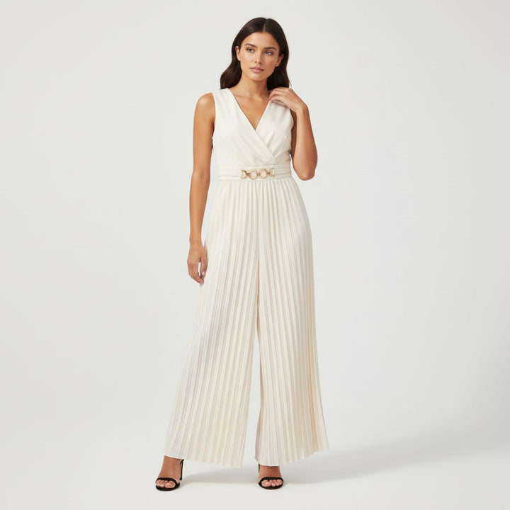 Chic V-Neck Pleated Waist-Cinching Slim Fit Jumpsuit-Vyana Collective