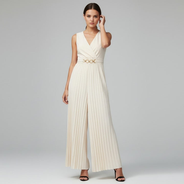 Chic V-Neck Pleated Waist-Cinching Slim Fit Jumpsuit-Vyana Collective