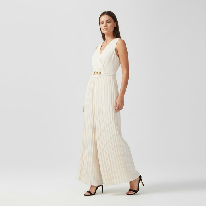Chic V-Neck Pleated Waist-Cinching Slim Fit Jumpsuit-Vyana Collective