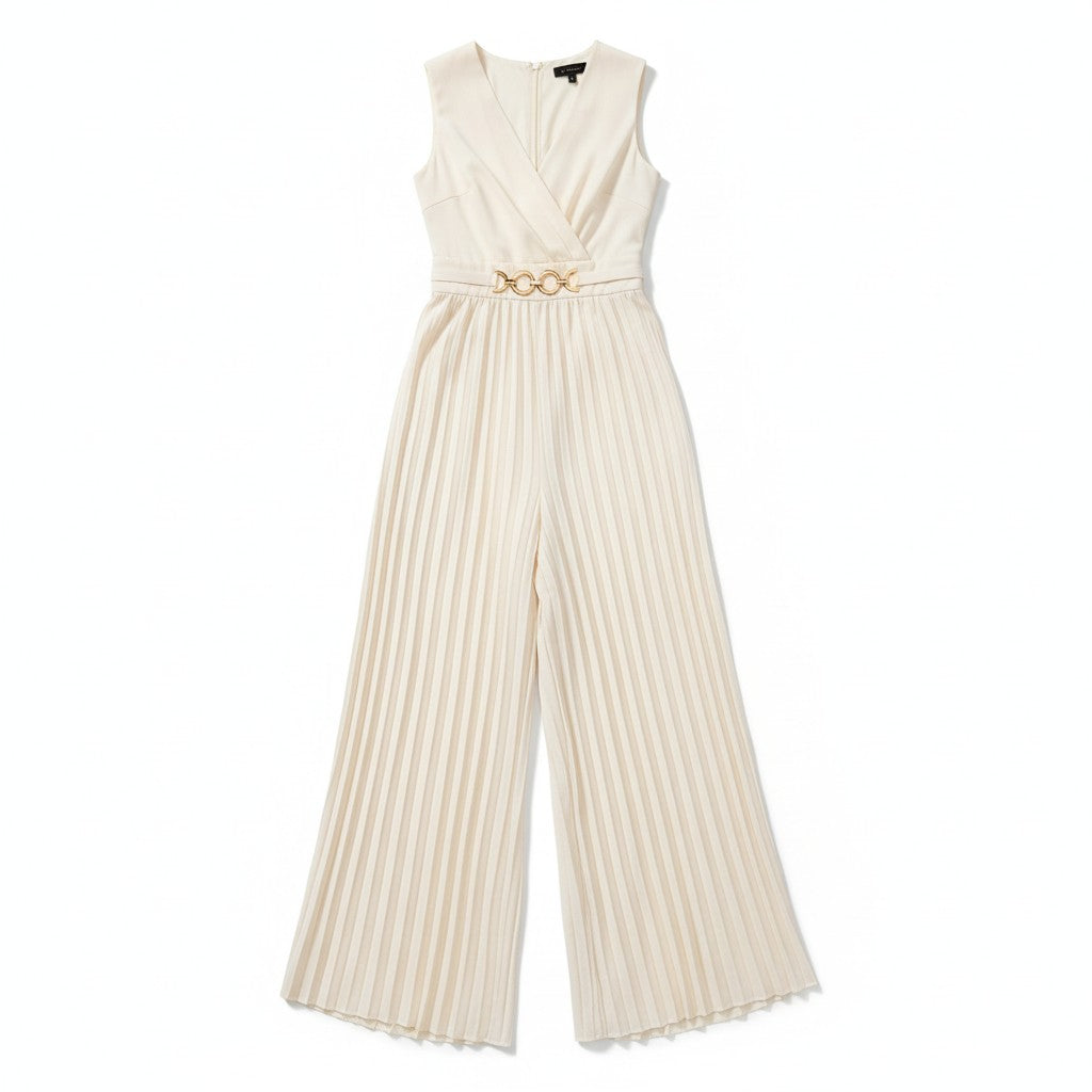 Chic V-Neck Pleated Waist-Cinching Slim Fit Jumpsuit-Vyana Collective