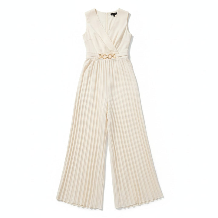 Chic V-Neck Pleated Waist-Cinching Slim Fit Jumpsuit-Vyana Collective