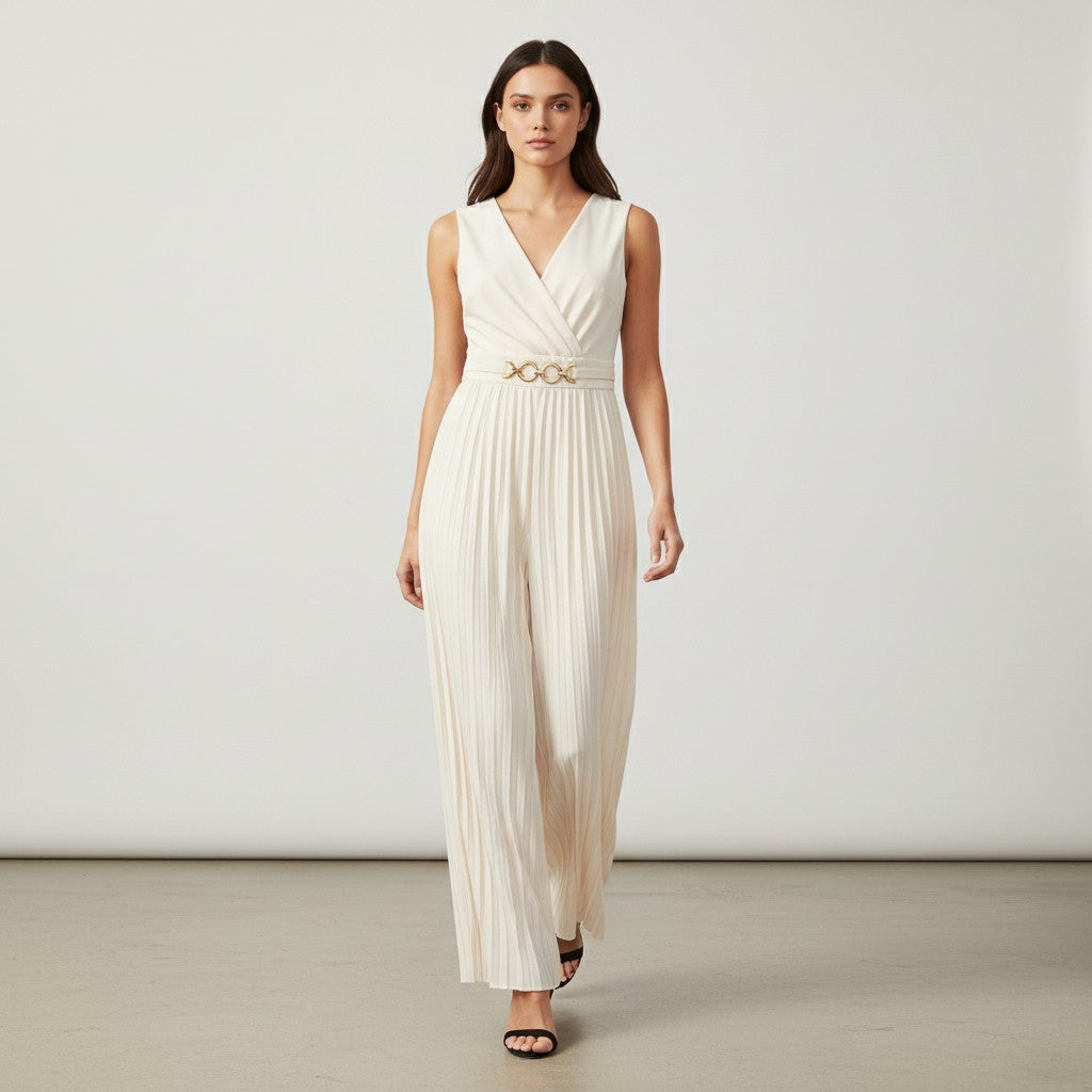 Chic V-Neck Pleated Waist-Cinching Slim Fit Jumpsuit-Vyana Collective