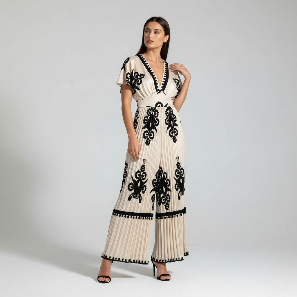 Chic V-Neck Waist-Cinching Women's Jumpsuit-Vyana Collective