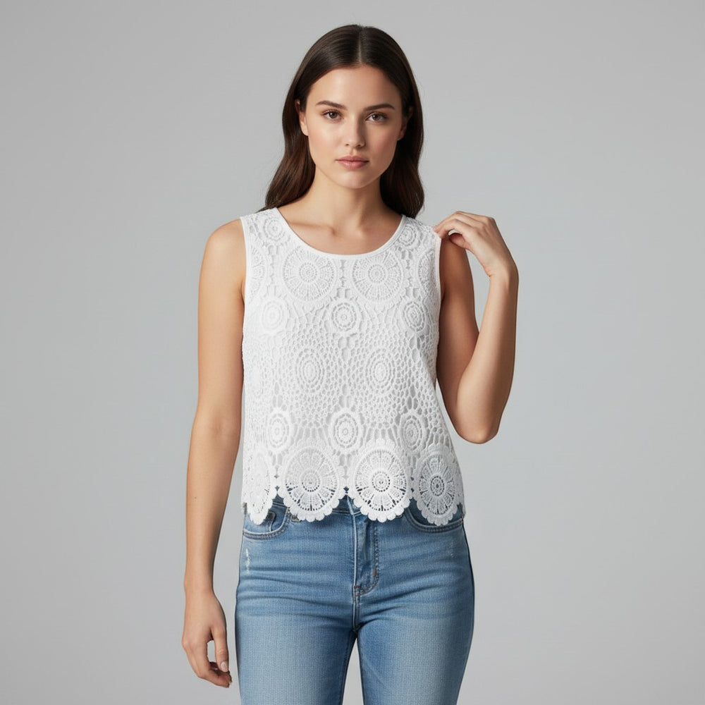 Chic Women's Sleeveless Lace Top with Floral Design-Vyana Collective