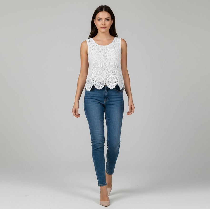 Chic Women's Sleeveless Lace Top with Floral Design-Vyana Collective