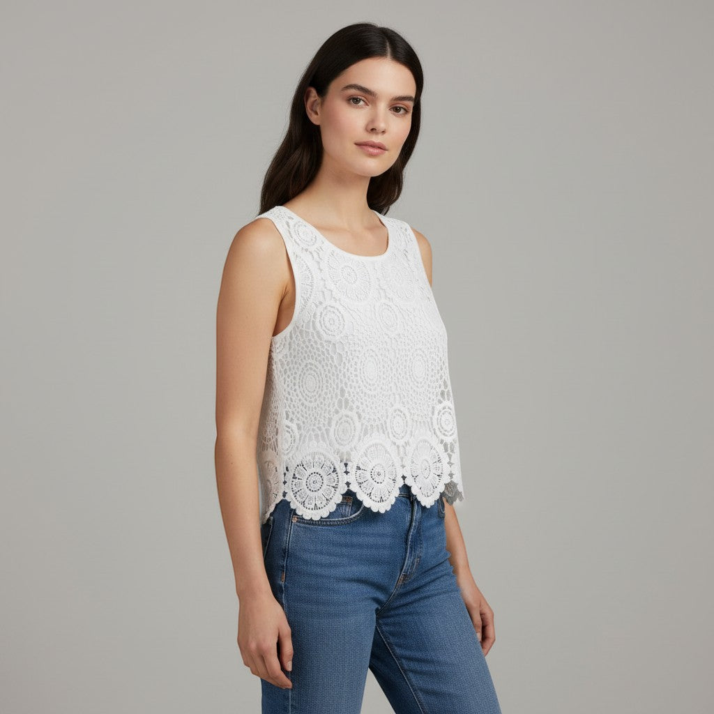 Chic Women's Sleeveless Lace Top with Floral Design-Vyana Collective
