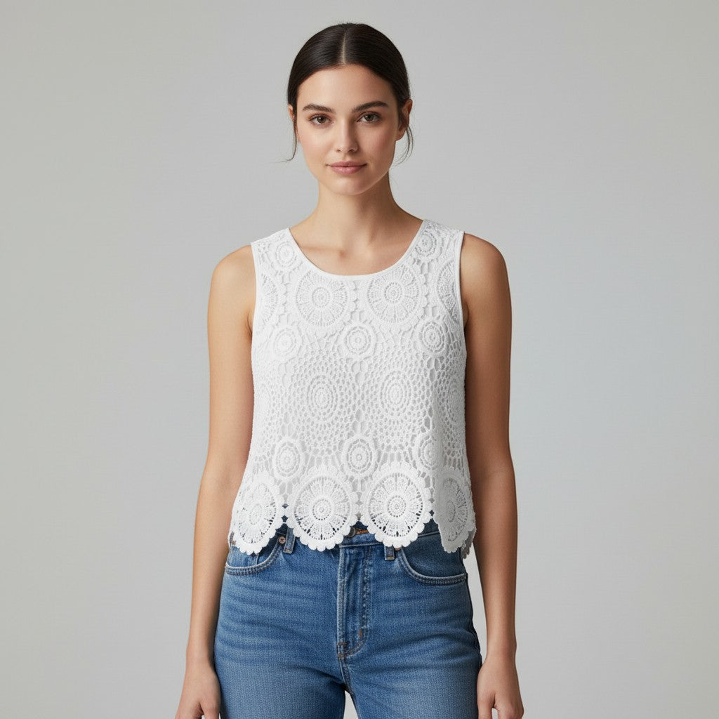Chic Women's Sleeveless Lace Top with Floral Design-Vyana Collective