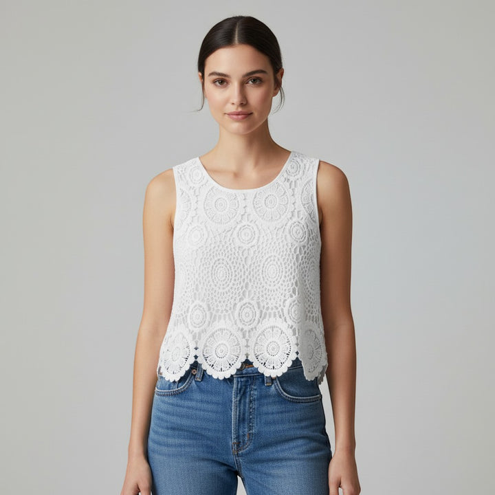 Chic Women's Sleeveless Lace Top with Floral Design-Vyana Collective