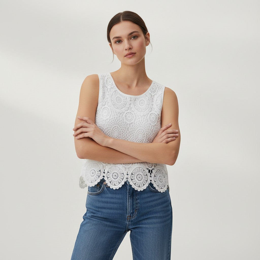 Chic Women's Sleeveless Lace Top with Floral Design-Vyana Collective