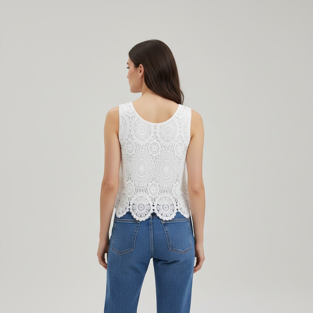 Chic Women's Sleeveless Lace Top with Floral Design-Vyana Collective