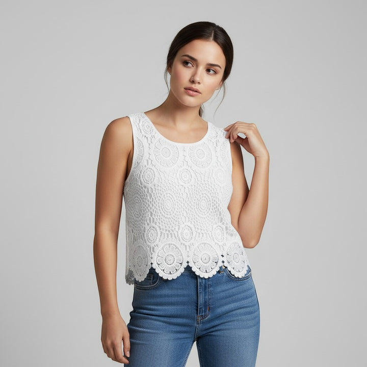 Chic Women's Sleeveless Lace Top with Floral Design-Vyana Collective