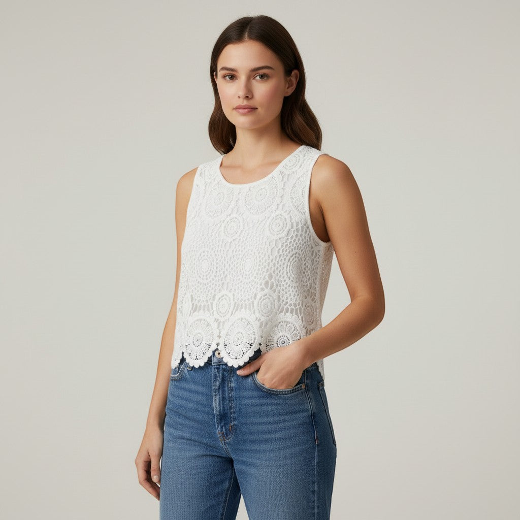 Chic Women's Sleeveless Lace Top with Floral Design-Vyana Collective