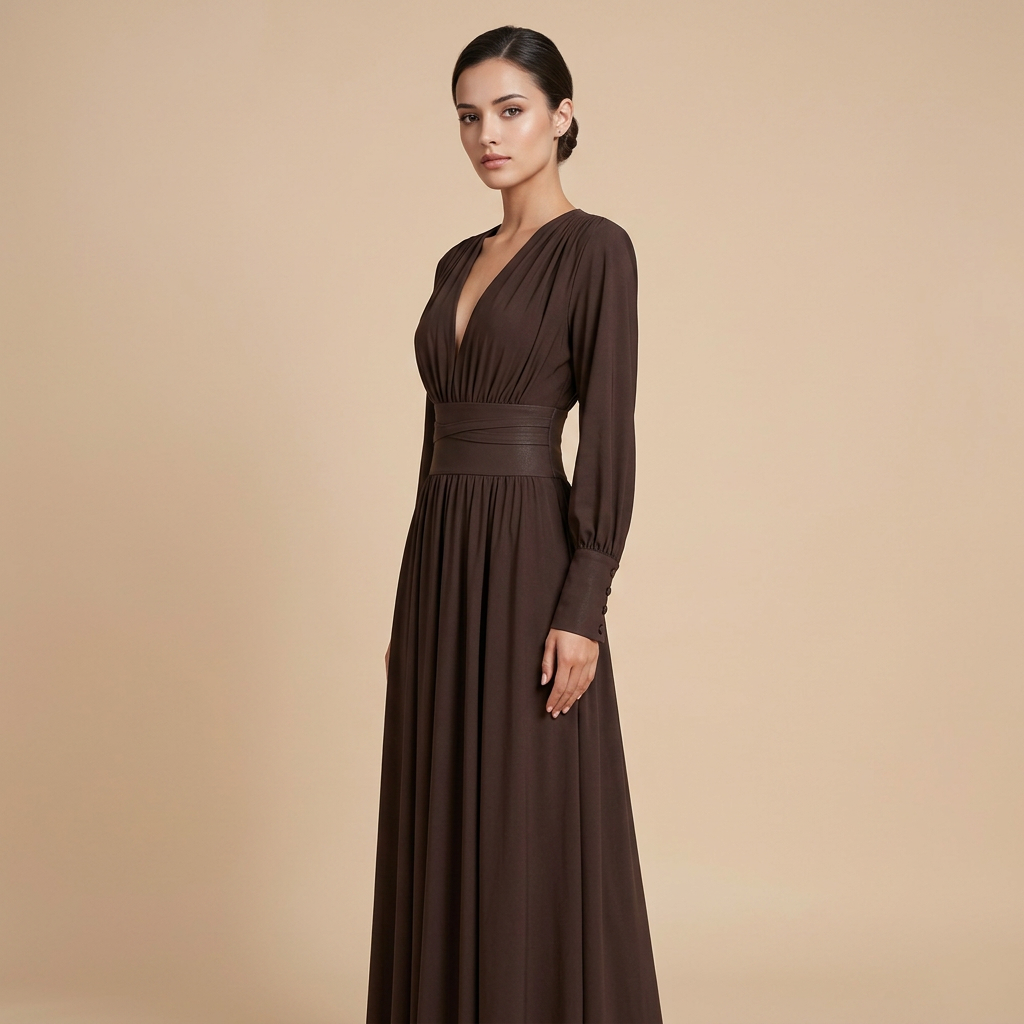 Chocolate Brown Pleated Long Sleeve Maxi Dress-Vyana Collective