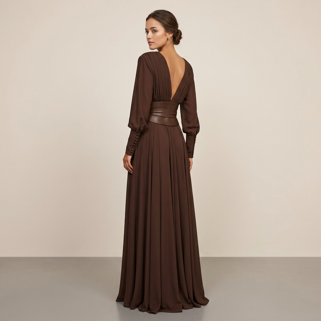 Chocolate Brown Pleated Long Sleeve Maxi Dress-Vyana Collective