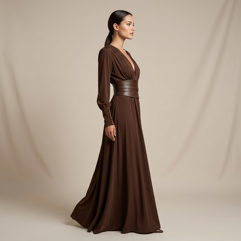 Chocolate Brown Pleated Long Sleeve Maxi Dress-Vyana Collective