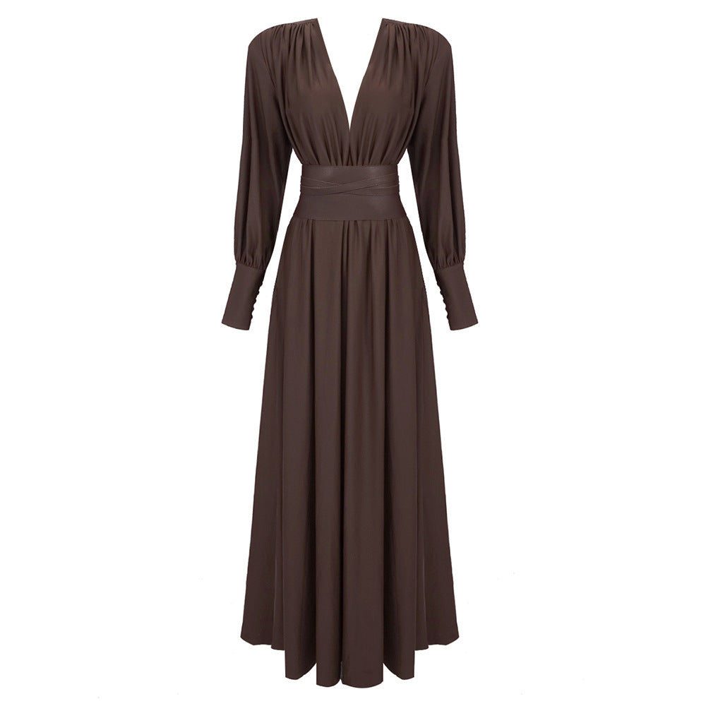 Chocolate Brown Pleated Long Sleeve Maxi Dress-Vyana Collective