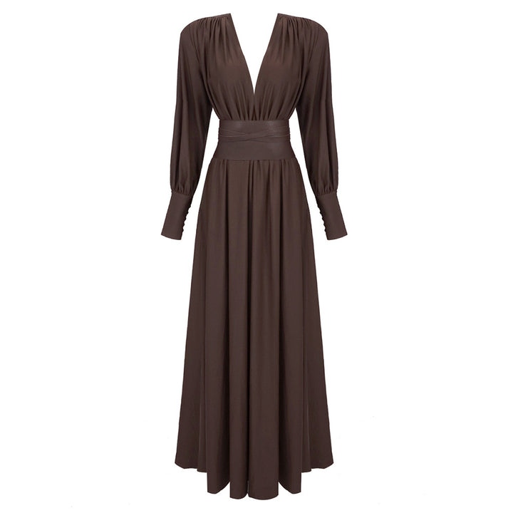 Chocolate Brown Pleated Long Sleeve Maxi Dress-Vyana Collective