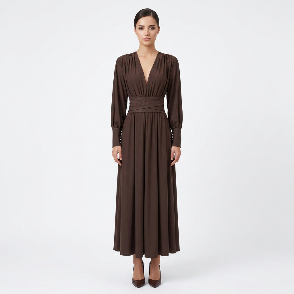 Chocolate Brown Pleated Long Sleeve Maxi Dress-Vyana Collective