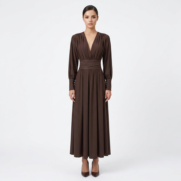 Chocolate Brown Pleated Long Sleeve Maxi Dress-Vyana Collective