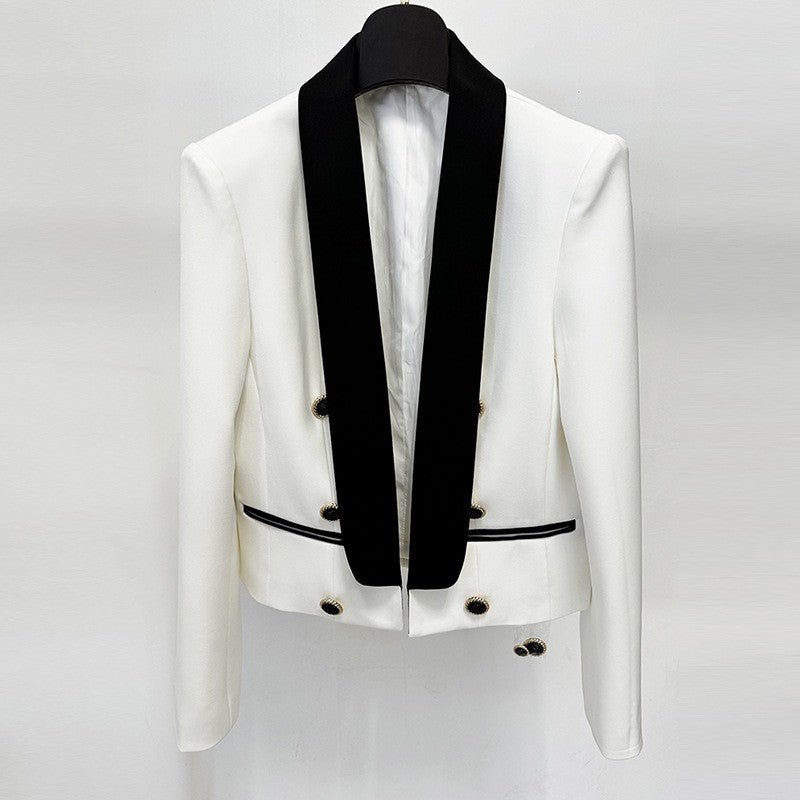 Color Block Cropped Blazer with Contrast Shawl Lapel for Executive Office Style Women-Vyana Collective