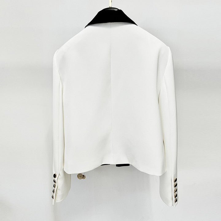 Color Block Cropped Blazer with Contrast Shawl Lapel for Executive Office Style Women-Vyana Collective