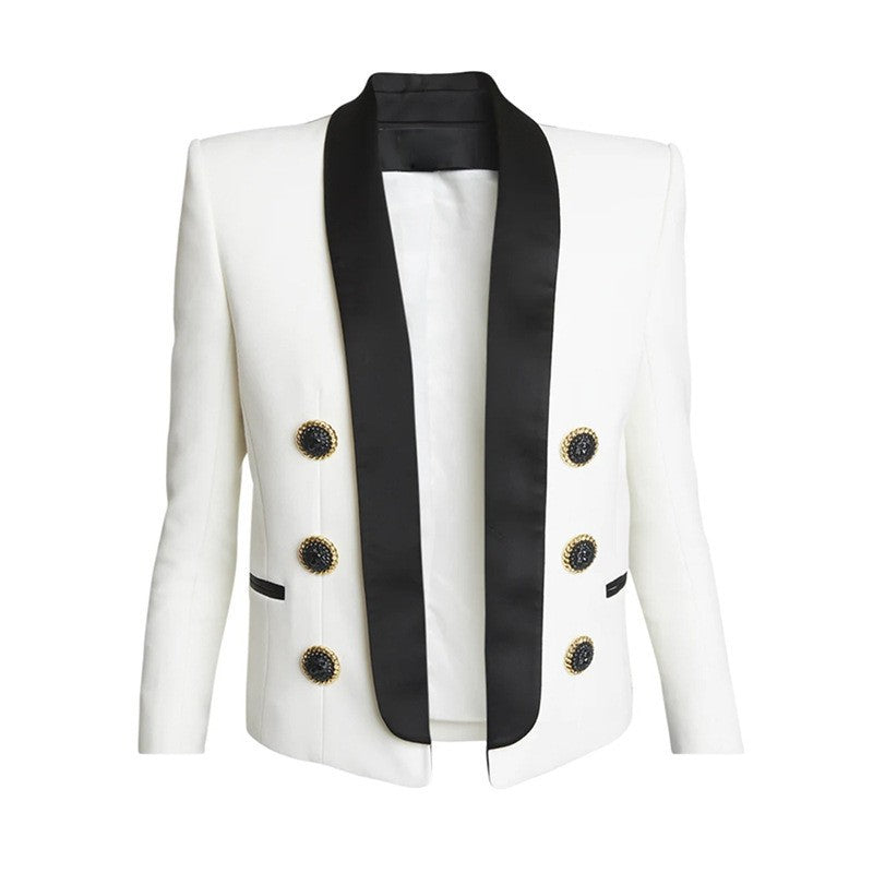 Color Block Cropped Blazer with Contrast Shawl Lapel for Executive Office Style Women-Vyana Collective