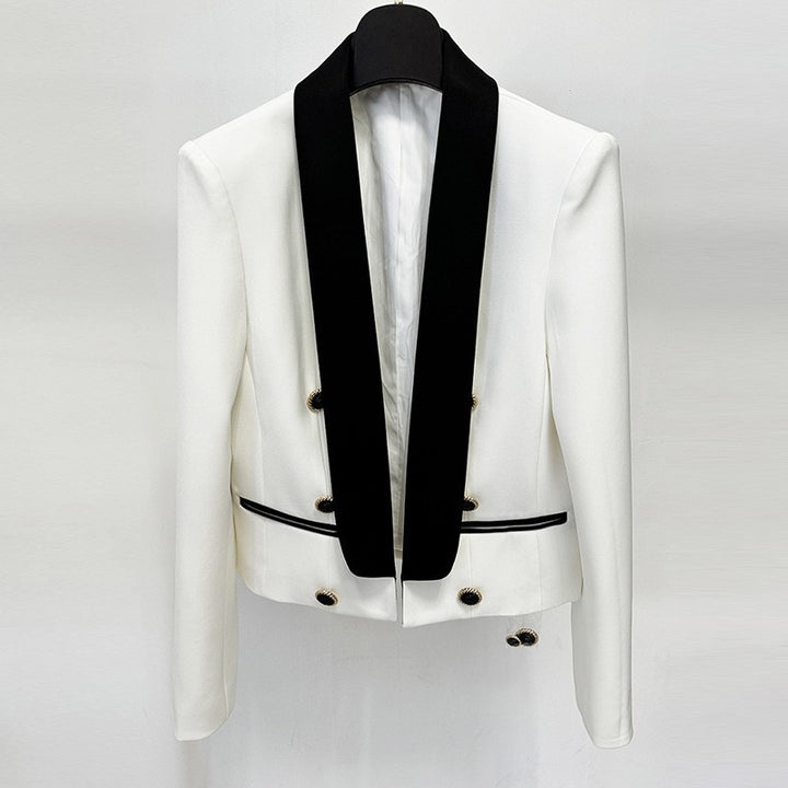 Color Block Cropped Blazer with Contrast Shawl Lapel for Executive Office Style Women-Vyana Collective