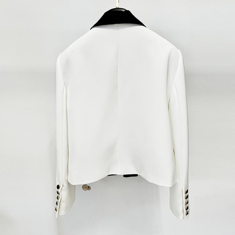 Color Block Cropped Blazer with Contrast Shawl Lapel for Executive Office Style Women-Vyana Collective