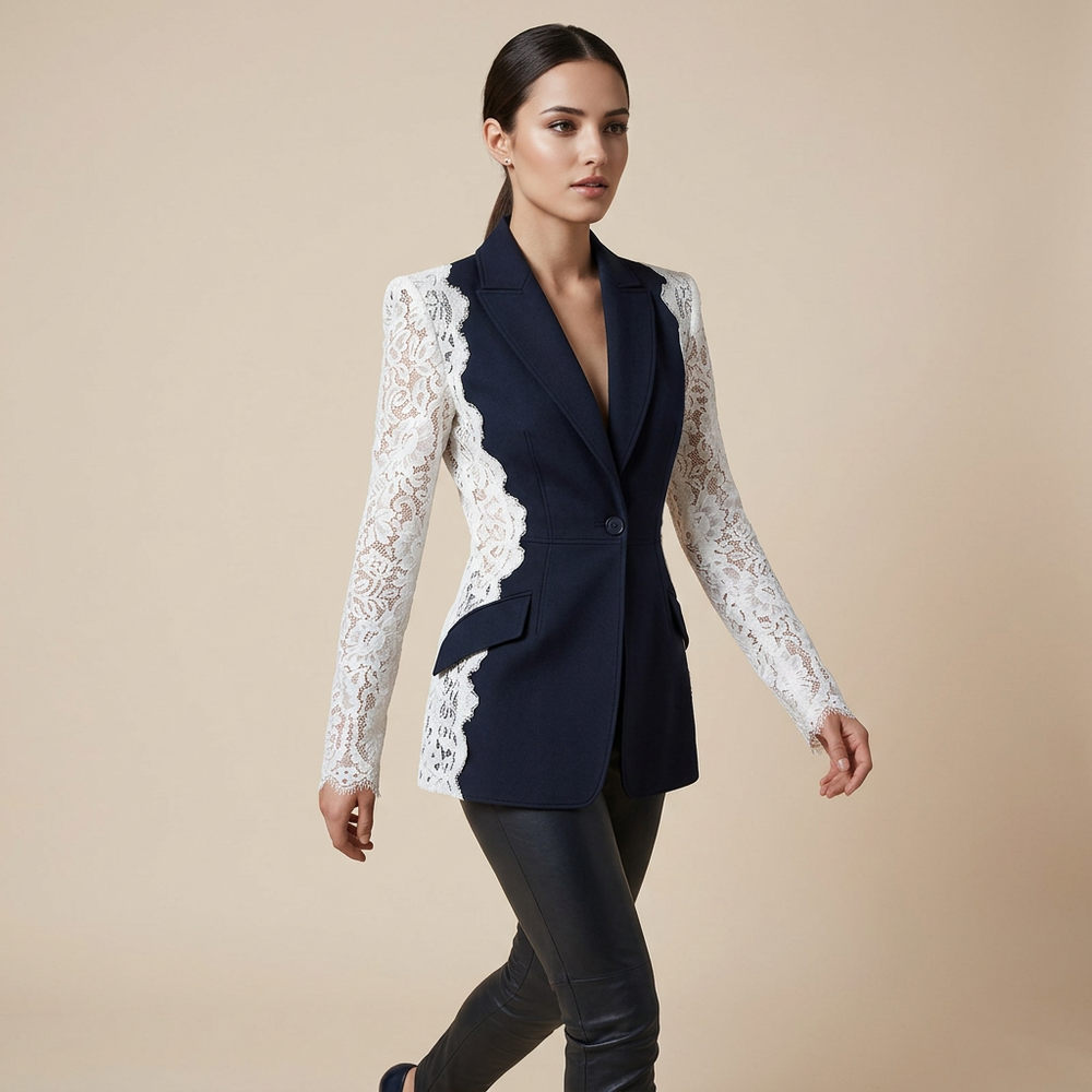 Color Block Lace Patchwork One Button Tailored Blazer for Meetings Ready and Modern Executive Style Women-Vyana Collective